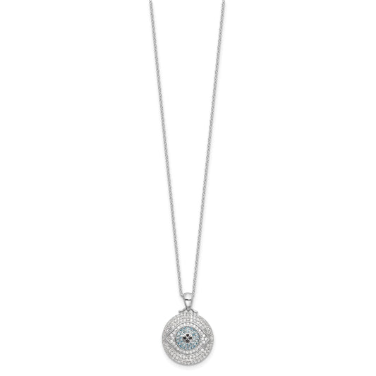 Sterling Silver Rh-plated Created Blue Spinel and CZ Evil Eye 18in Necklace