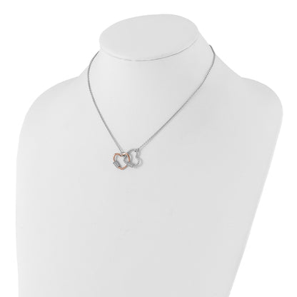 Sterling Silver Rh-plated Rose-tone Double Heart CZ w/2in ext Necklace
