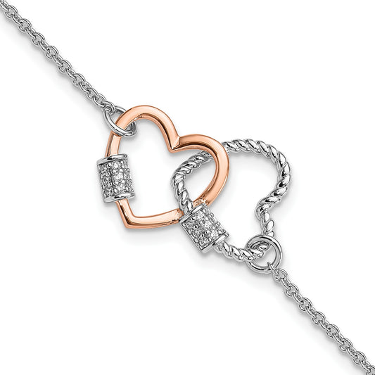 Sterling Silver Rh-plated Rose-tone Double Heart 7in w/1in ext Bracelet
