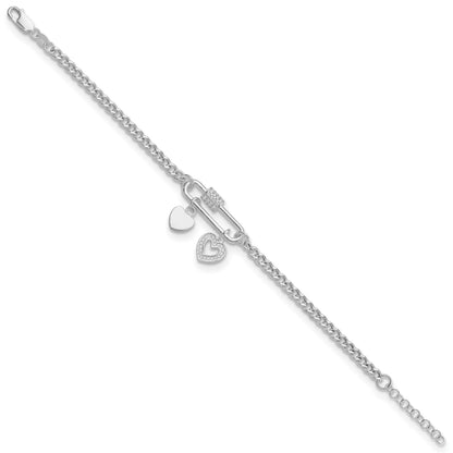 Sterling Silver RH-plated CZ Heart Moveable 7in w/ 1in ext Bracelet