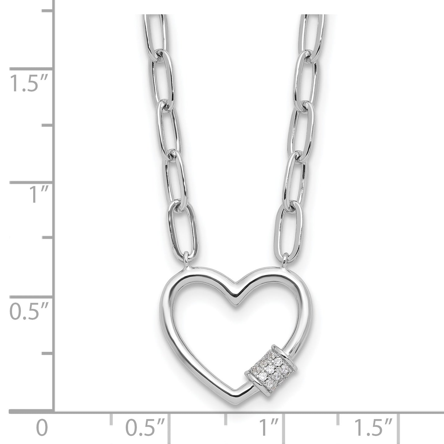 Sterling Silver RH-plated CZ Heart Paperclip Link 16in w/2in ext Necklace