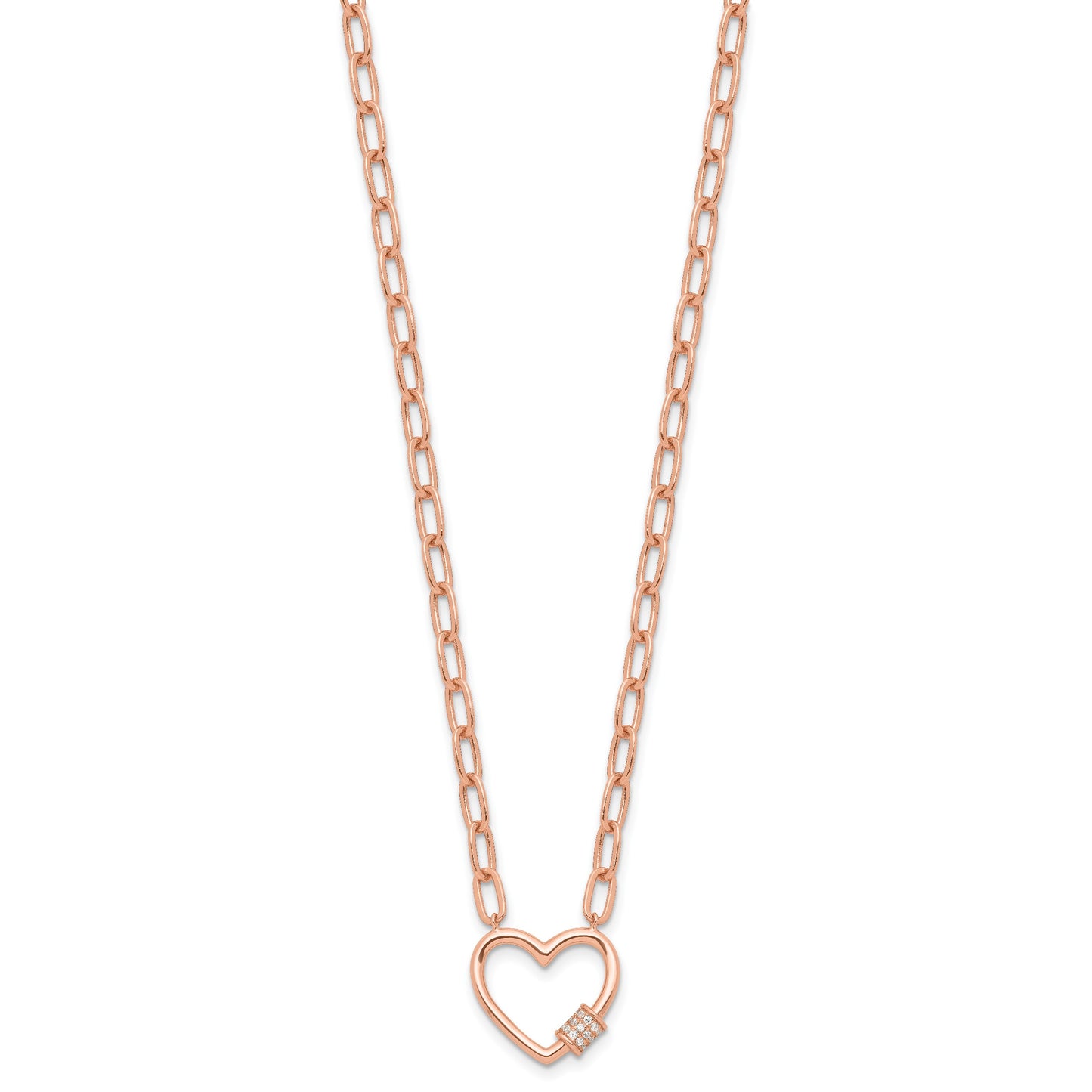 Sterling Silver Rose-tone CZ Heart Paper Clip with 2in ext. Necklace