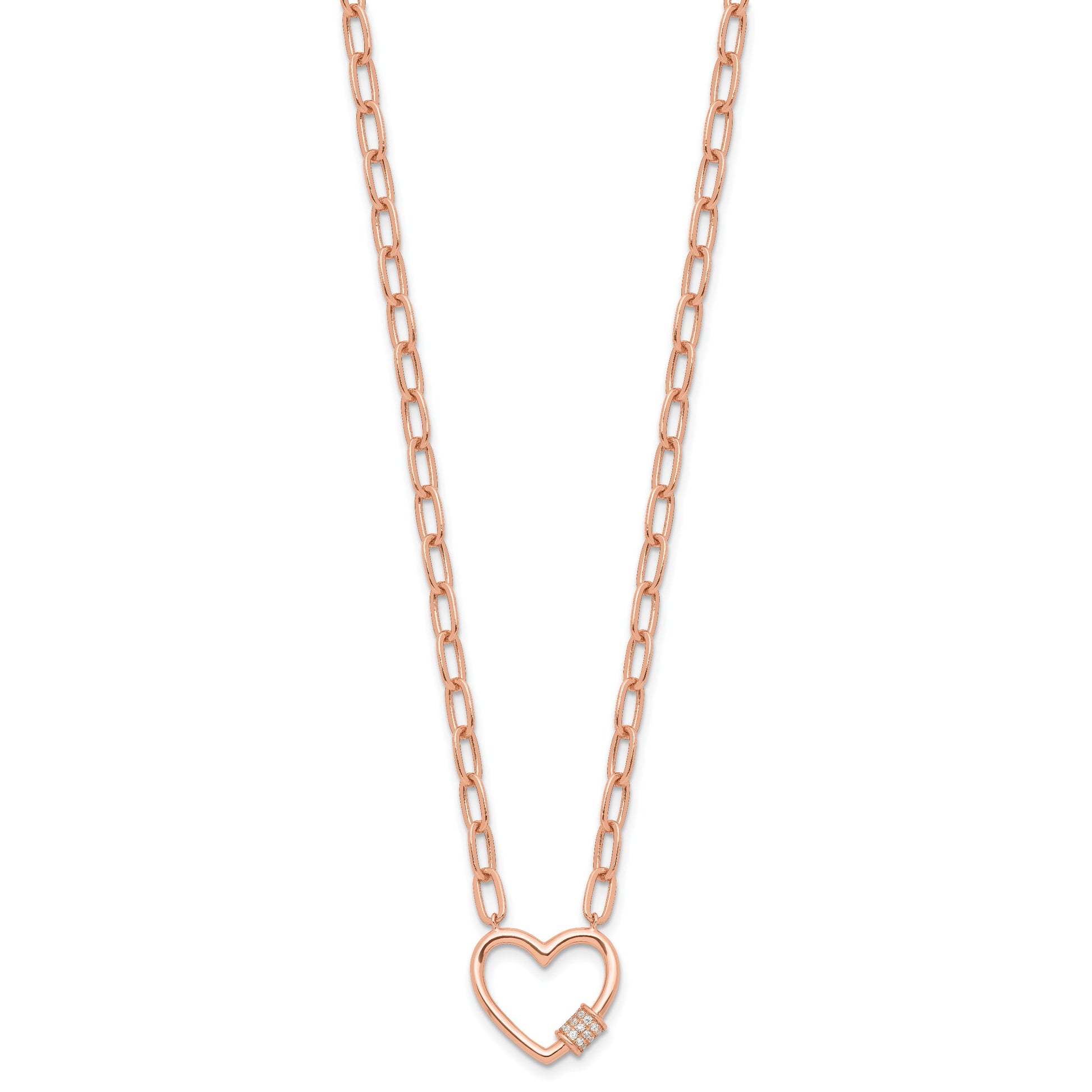 Sterling Silver Rose-tone CZ Heart Paper Clip with 2in ext. Necklace