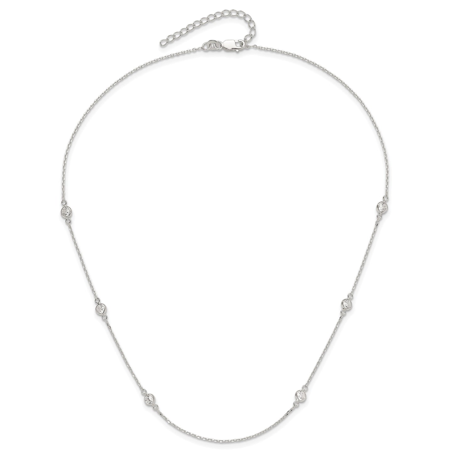 Sterling Silver Polished CZ 6 Station with 2in ext Necklace