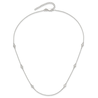 Sterling Silver Polished CZ 6 Station with 2in ext Necklace