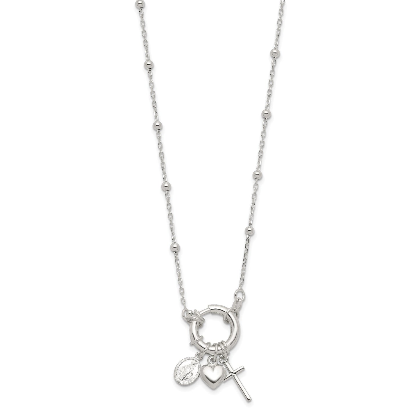 Sterling Silver Heart/Miraculous Medal/Cross Charm 18in Necklace