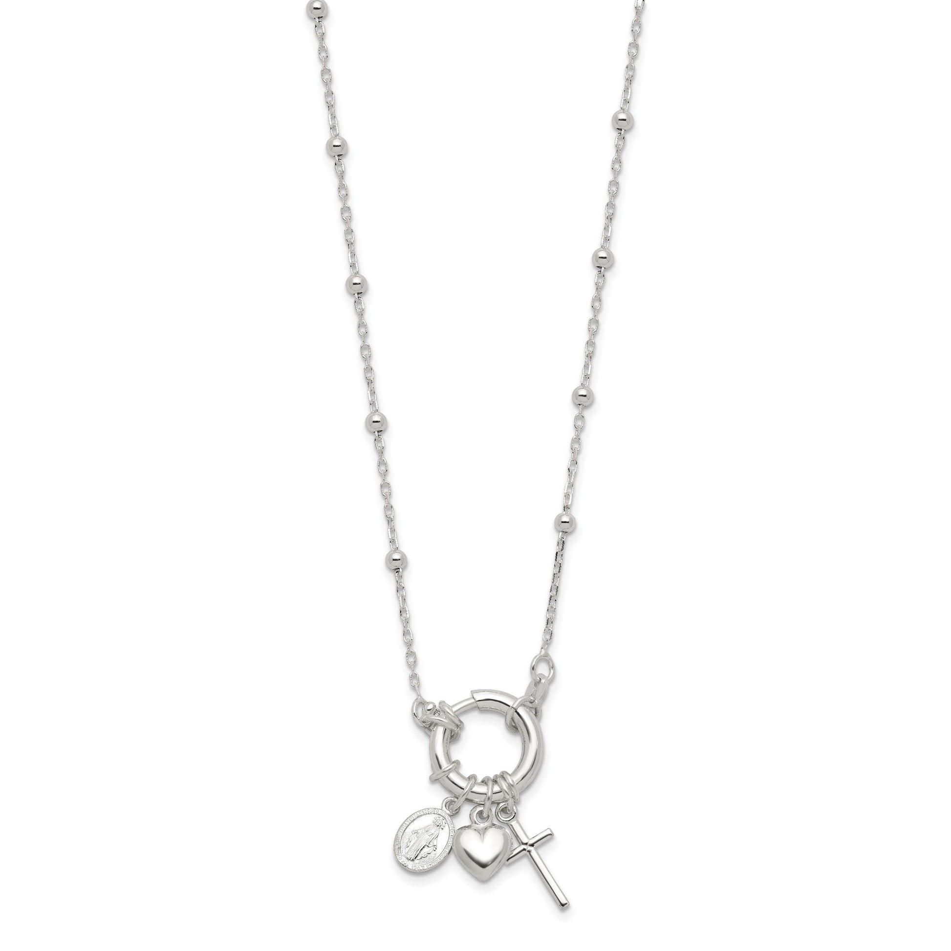 Sterling Silver Heart/Miraculous Medal/Cross Charm 18in Necklace