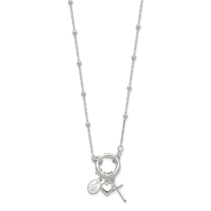 Sterling Silver Heart/Miraculous Medal/Cross Charm 18in Necklace
