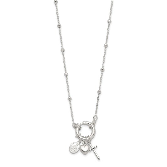 Sterling Silver Heart/Miraculous Medal/Cross Charm 18in Necklace