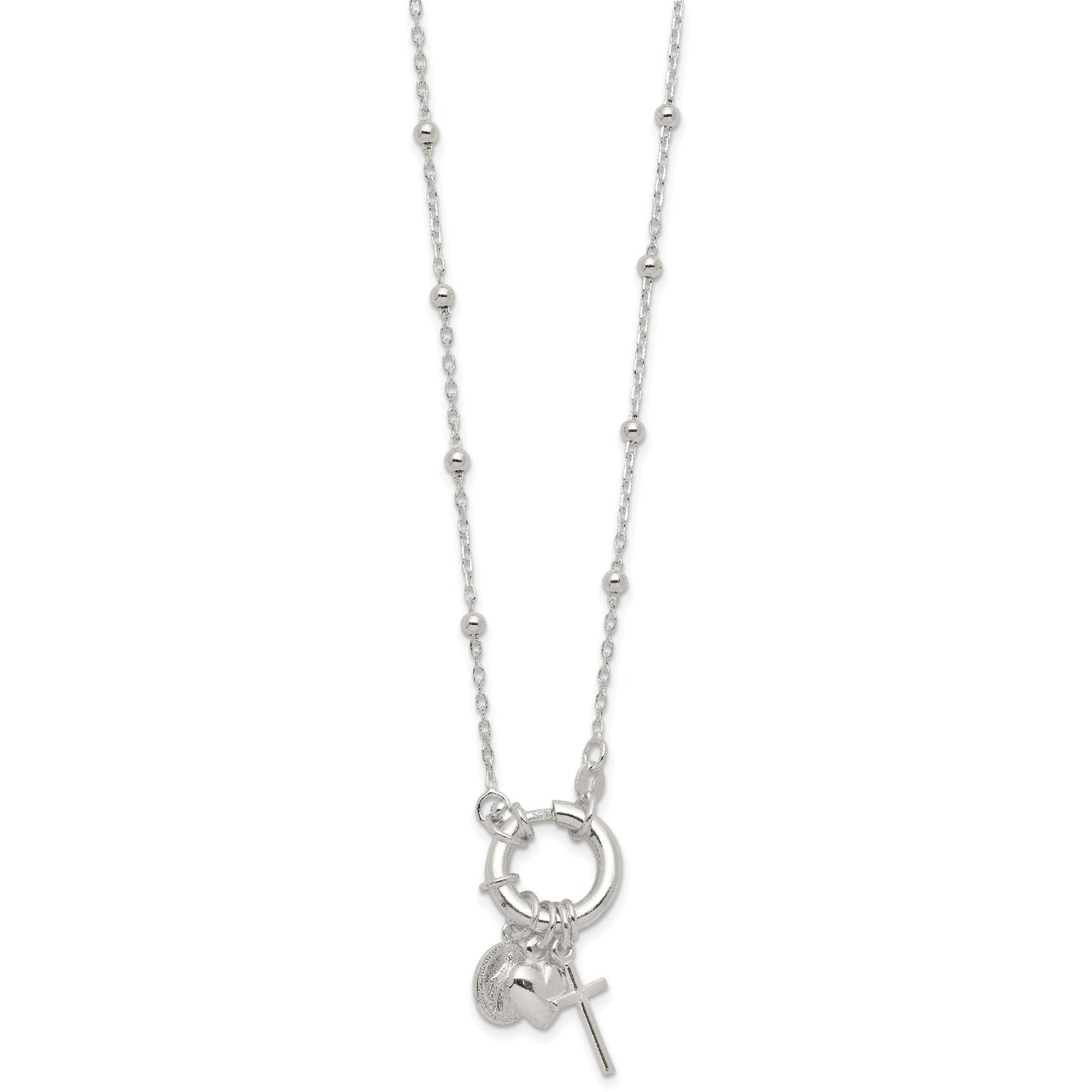 Sterling Silver Heart/Miraculous Medal/Cross Charm 18in Necklace