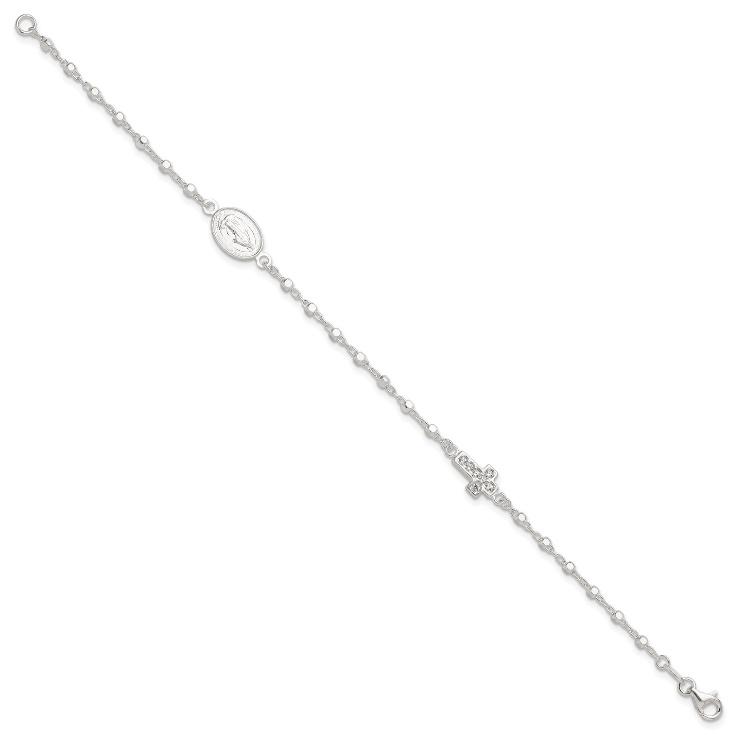 Sterling Silver Polished with CZ Cross and Miraculous Medal 7.5in Bracelet