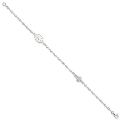 Sterling Silver Polished with CZ Cross and Miraculous Medal 7.5in Bracelet