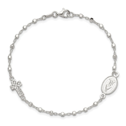 Sterling Silver Polished with CZ Cross and Miraculous Medal 7.5in Bracelet