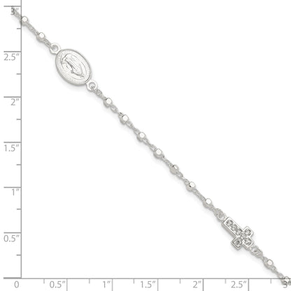 Sterling Silver Polished with CZ Cross and Miraculous Medal 7.5in Bracelet