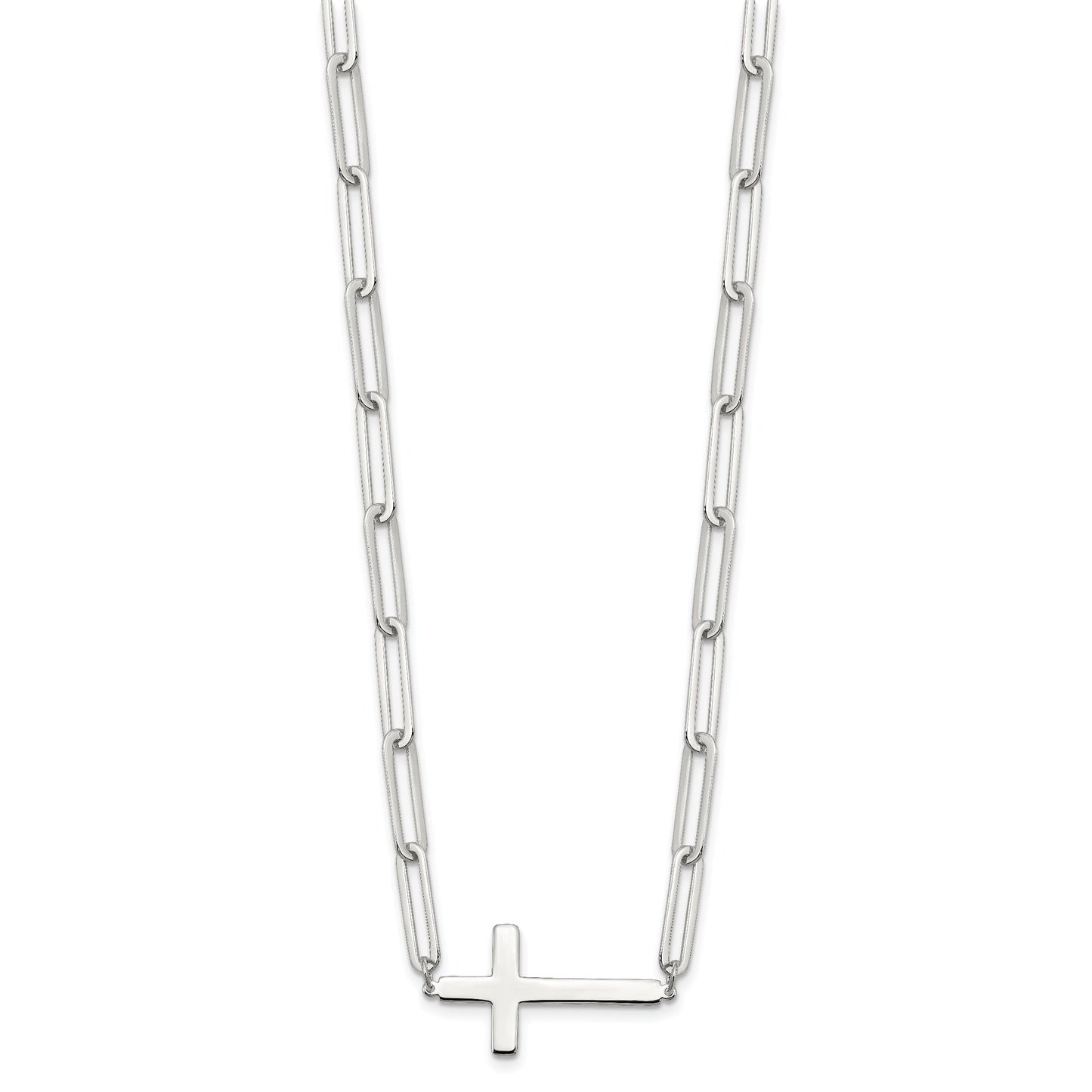 Sterling Silver E-Coated Cross Paperclip Link w/2 in ext Necklace