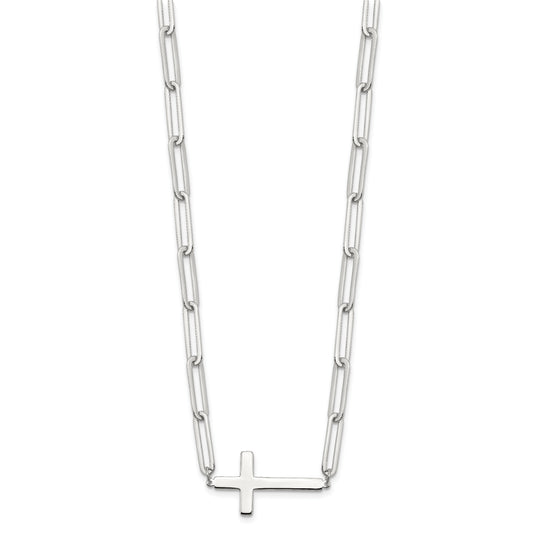 Sterling Silver E-Coated Cross Paperclip Link w/2 in ext Necklace