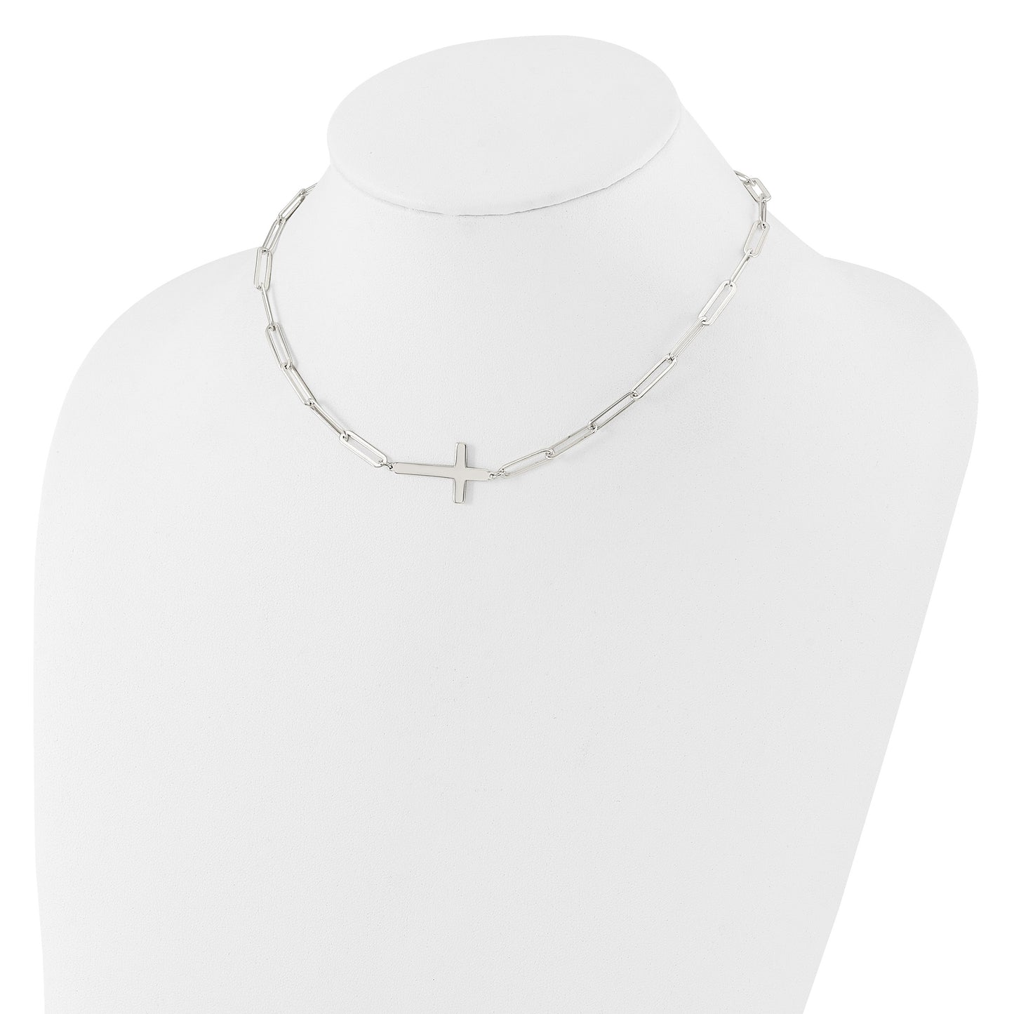 Sterling Silver E-Coated Cross Paperclip Link w/2 in ext Necklace