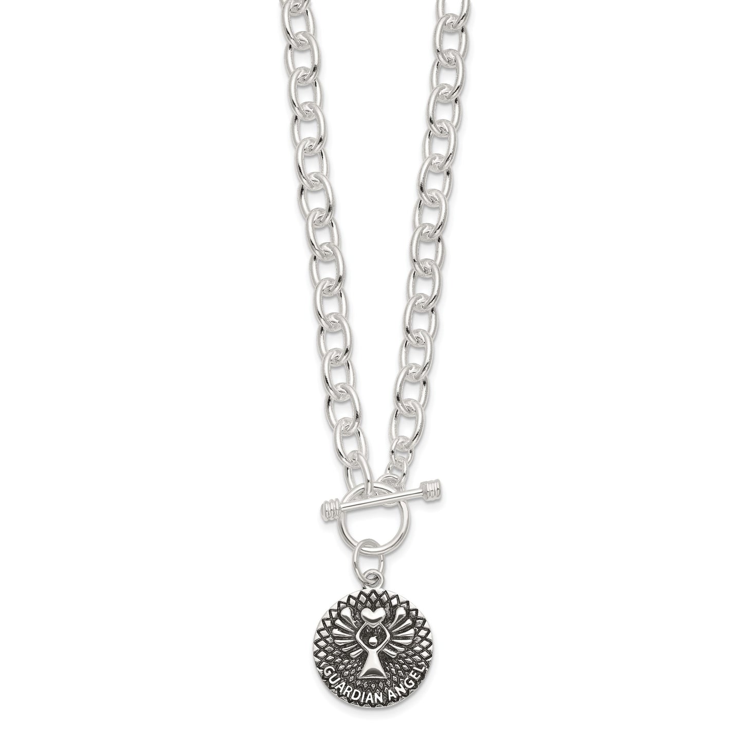 Sterling Silver Oxidized Dangle GUARDIAN ANGEL Toggle Clasp Necklace