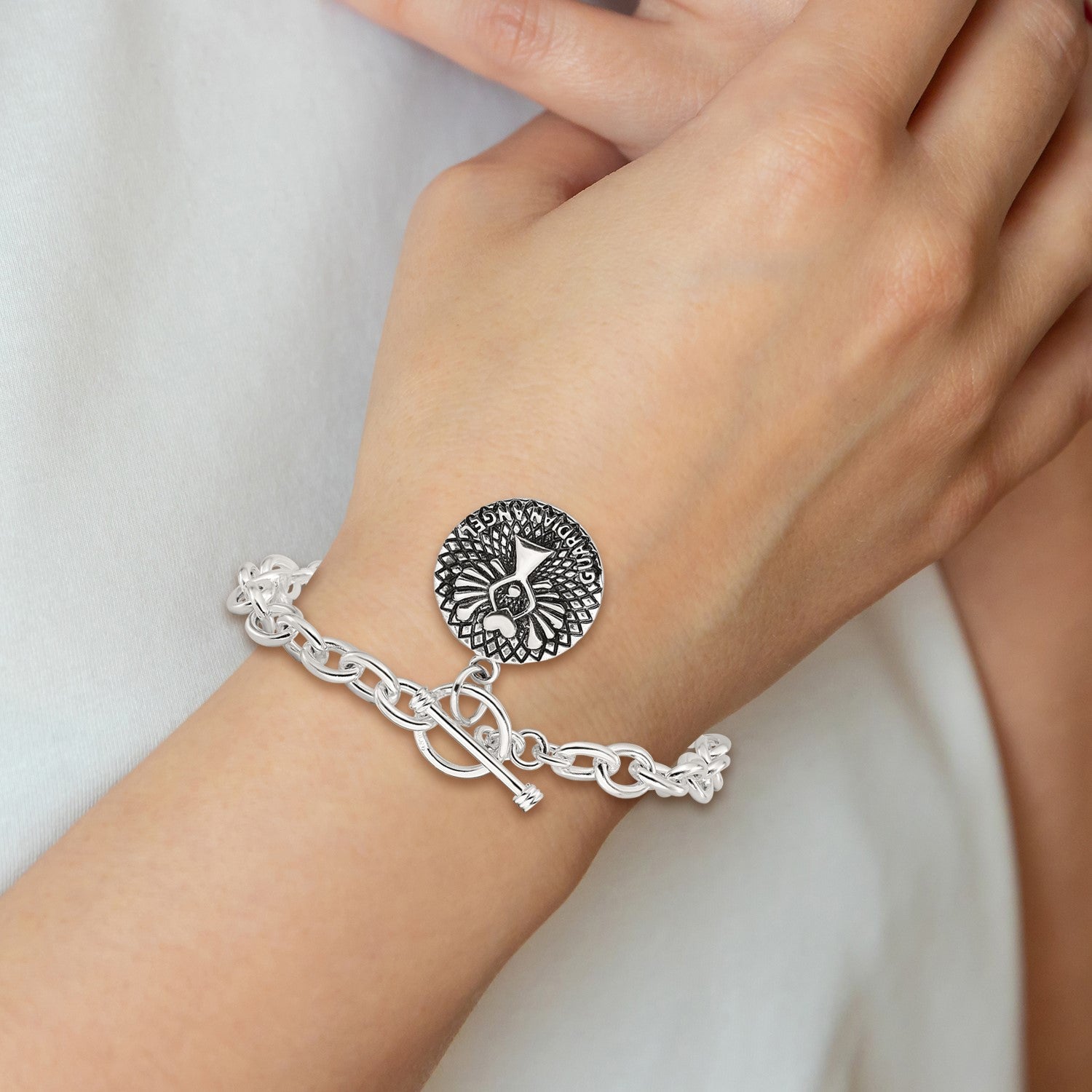 Sterling Silver Oxidized Dangle GUARDIAN ANGEL Toggle Clasp Bracelet