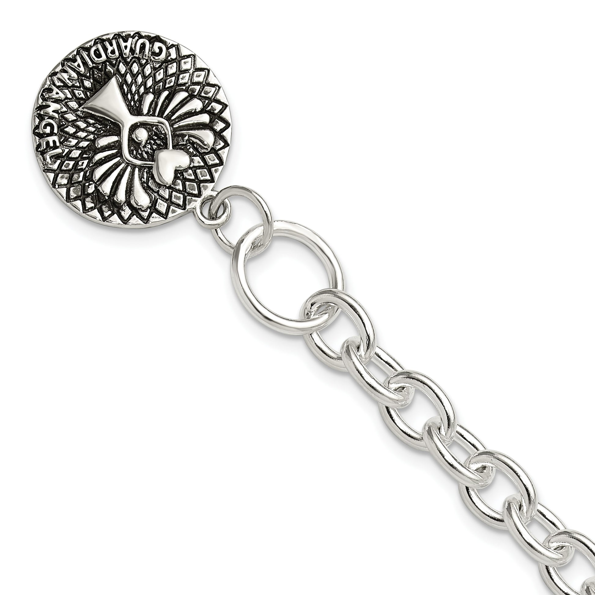 Sterling Silver Oxidized Dangle GUARDIAN ANGEL Toggle Clasp Bracelet
