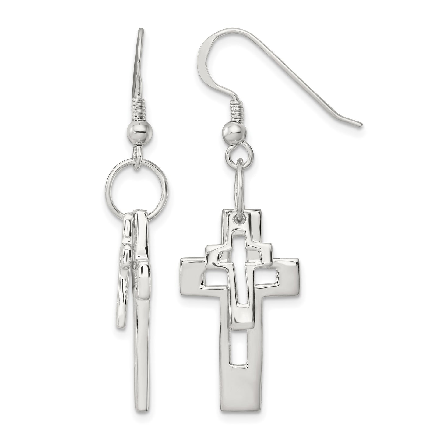 Sterling Silver Polished Double Open Cross Shepherd Hook Earrings