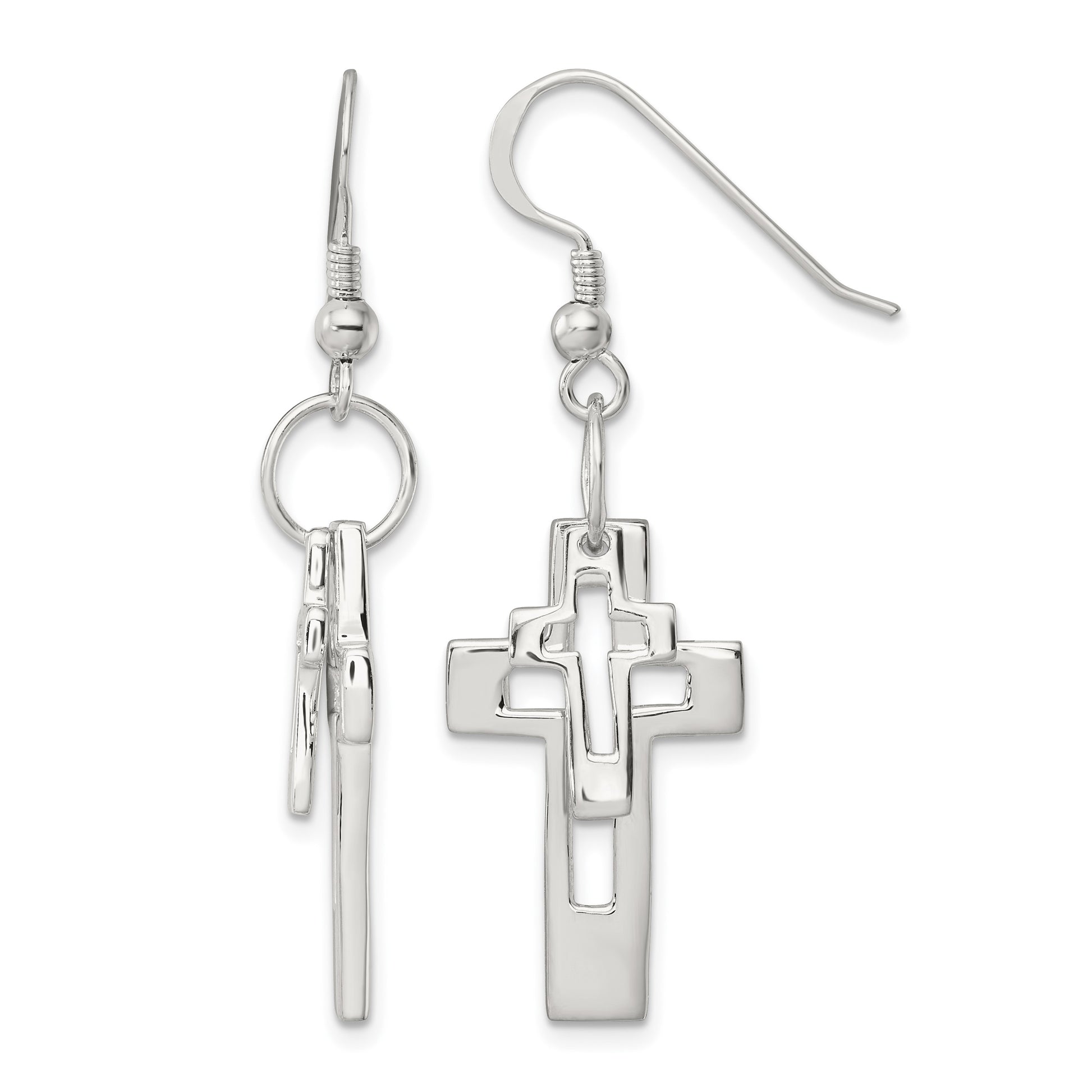Sterling Silver Polished Double Open Cross Shepherd Hook Earrings