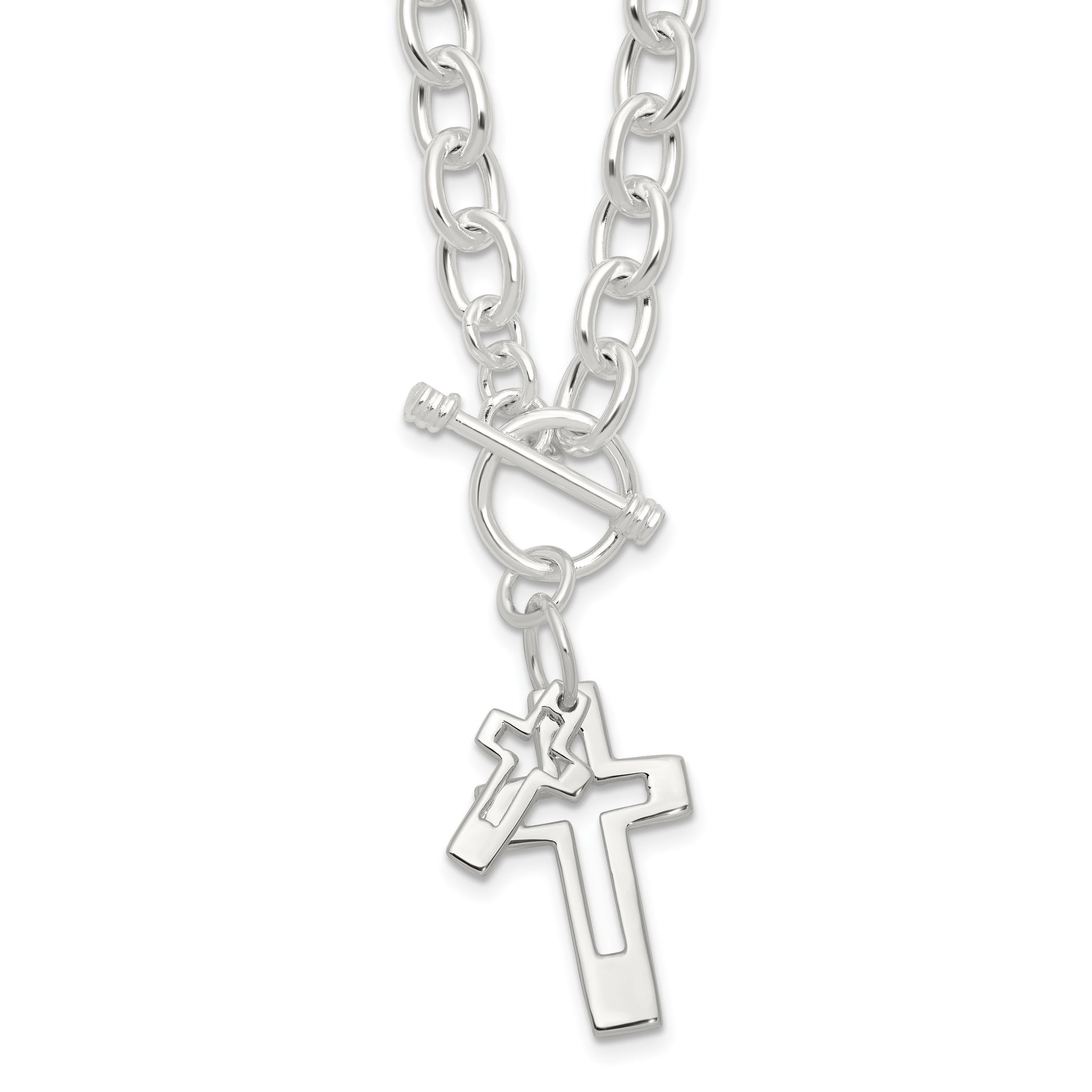 Sterling Silver E-Coated Double Open Cross Toggle 18in Necklace