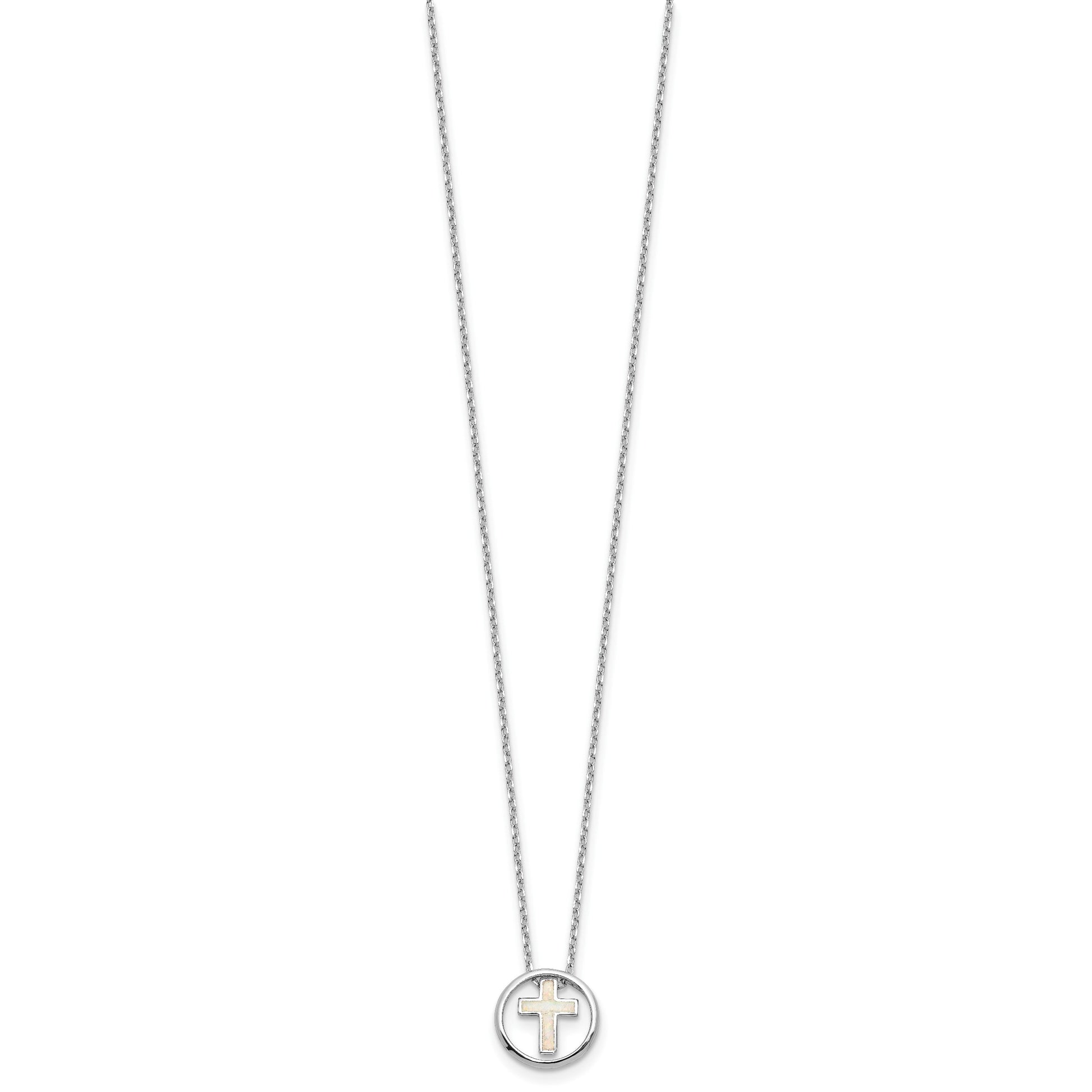 Sterling Silver RH-plated Created Opal Inlay Cross 16in w/2in ext Necklace