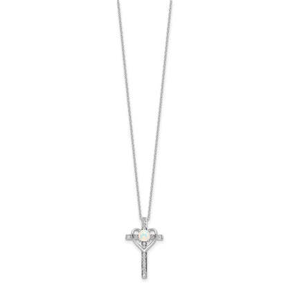 Sterling Silver RH-plated Created Opal and CZ Cross w/Heart 18in Necklace