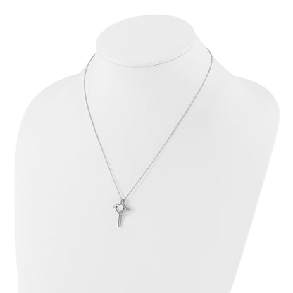 Sterling Silver RH-plated Created Opal and CZ Cross w/Heart 18in Necklace