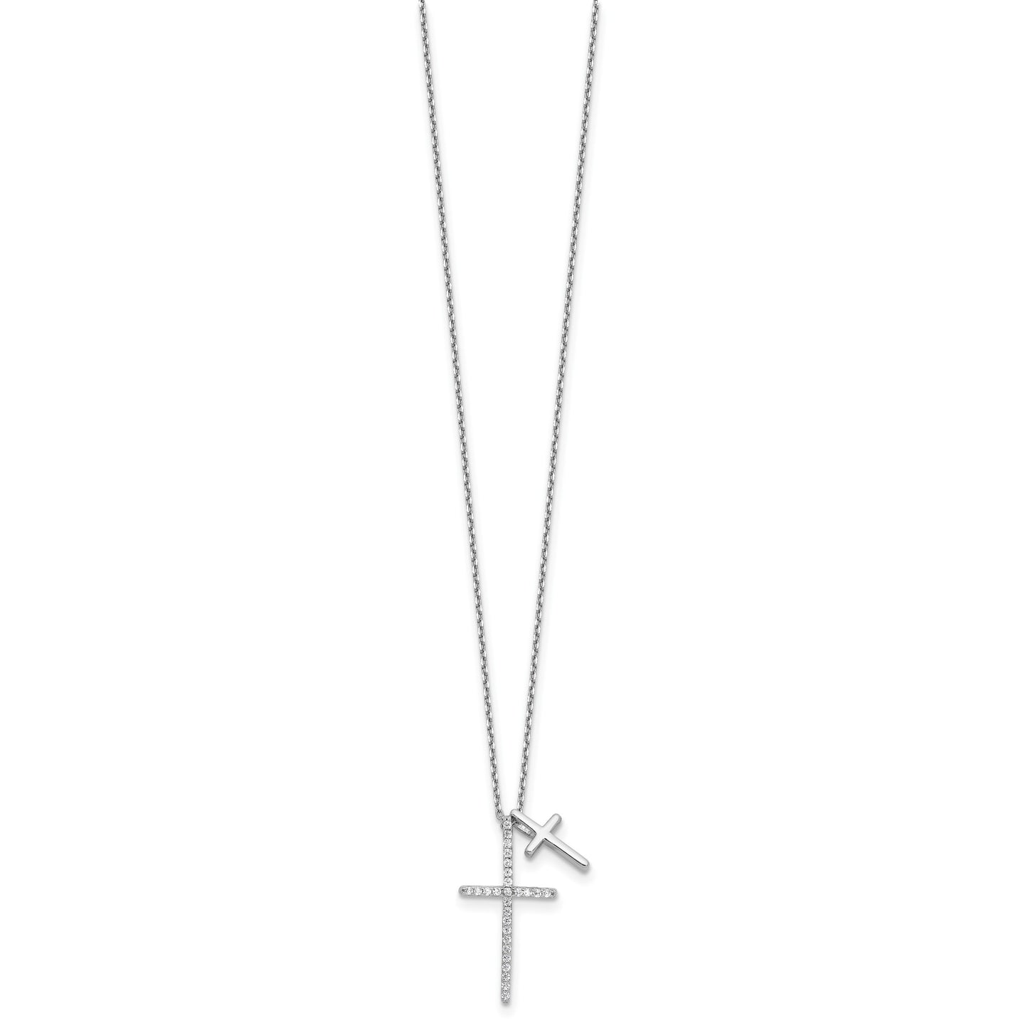 Sterling Silver Rhodium-plated with CZ Double Cross 16in +2in ext Necklace