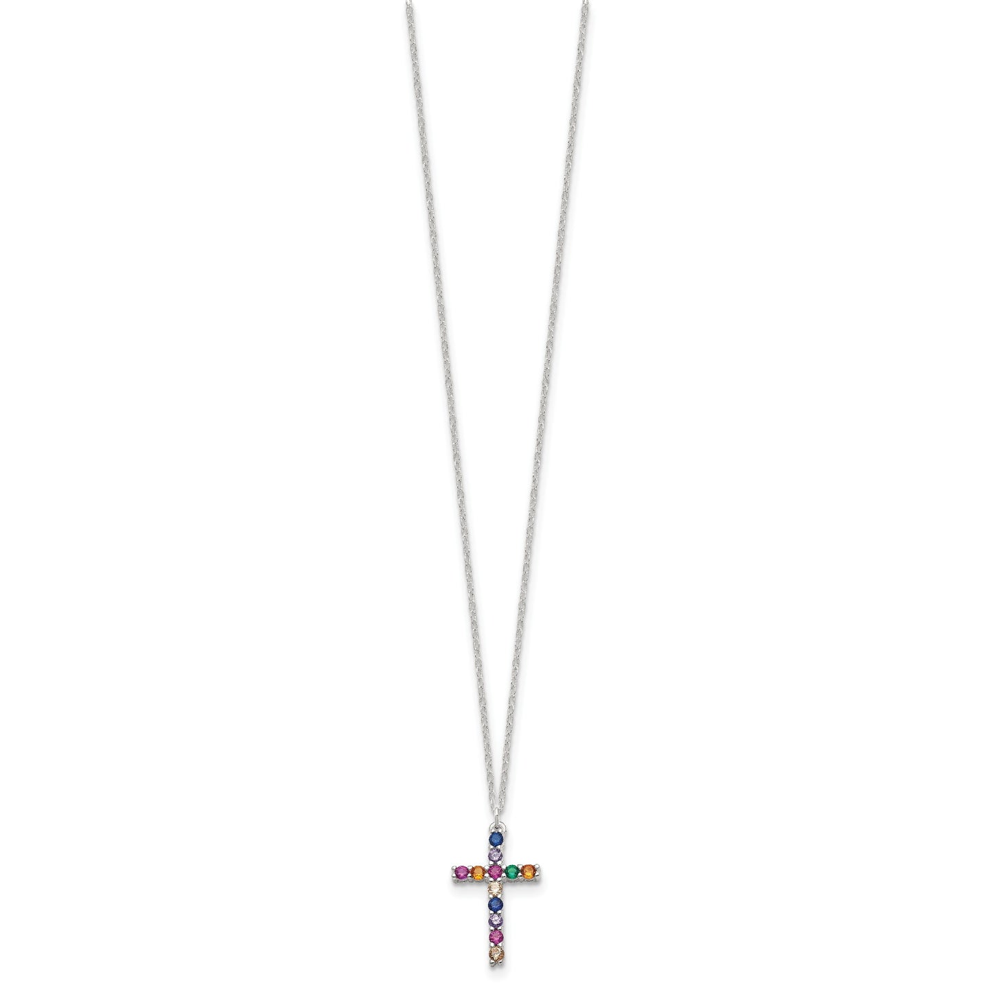 SS Multi Color E-Coating CZ Cross 16in w/2in ext Necklace