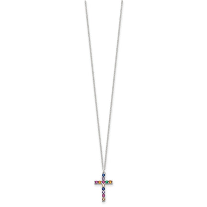 SS Multi Color E-Coating CZ Cross 16in w/2in ext Necklace