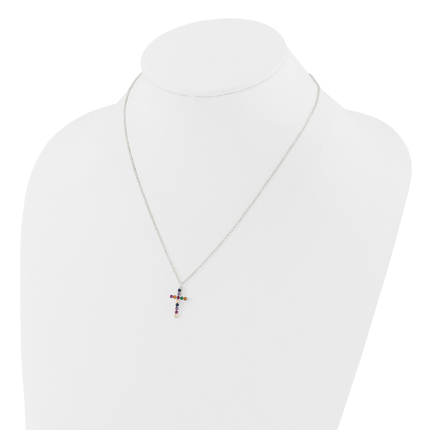 SS Multi Color E-Coating CZ Cross 16in w/2in ext Necklace