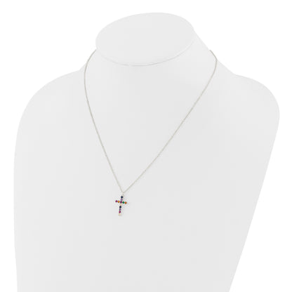 SS Multi Color E-Coating CZ Cross 16in w/2in ext Necklace