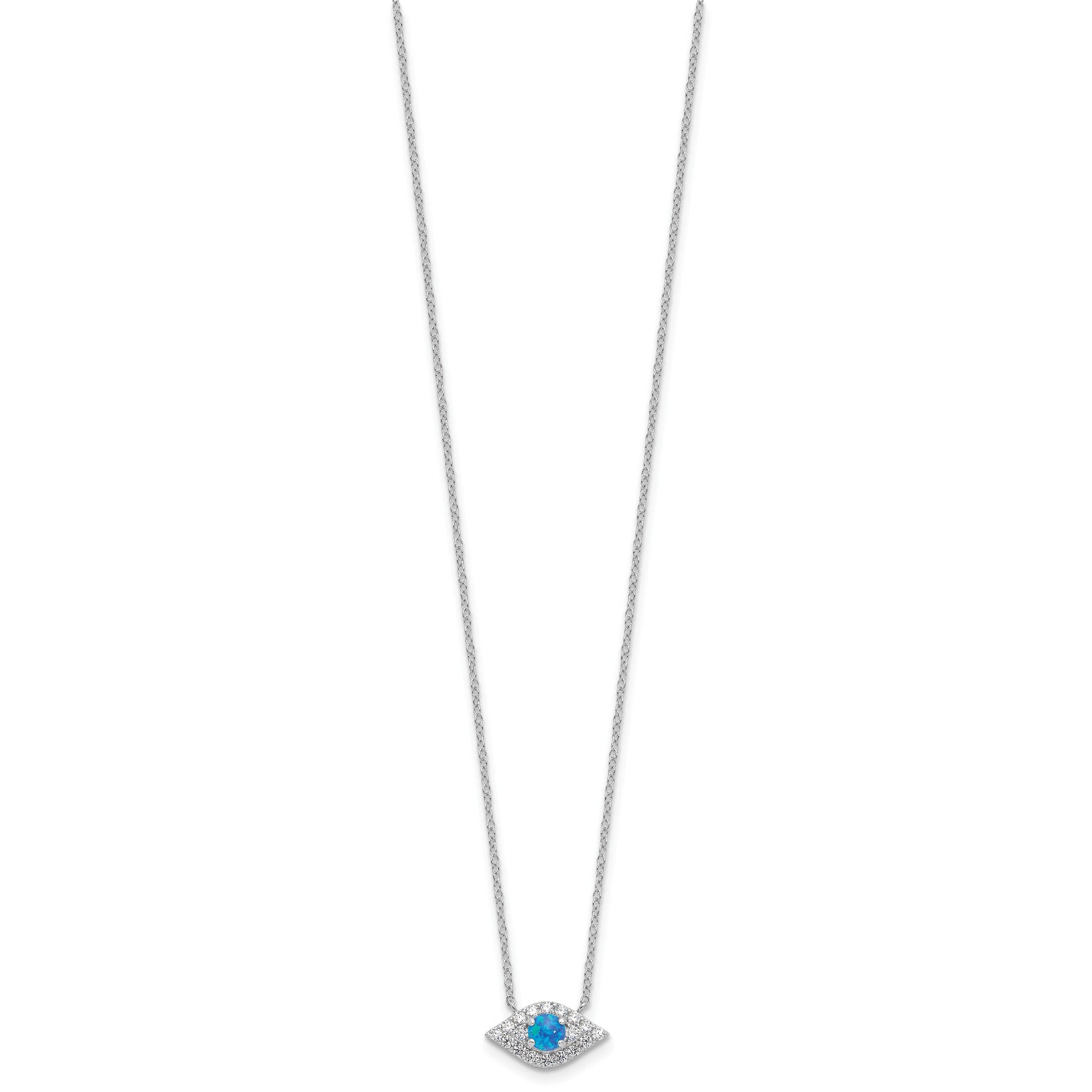 Sterling Silver Rhodium-plated CZ Blue Cr. Opal Evil Eye w/2in ext Necklace