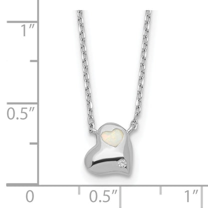 Sterling Silver RH-plated Created Opal Inlay CZ Heart w/2in ext Necklace