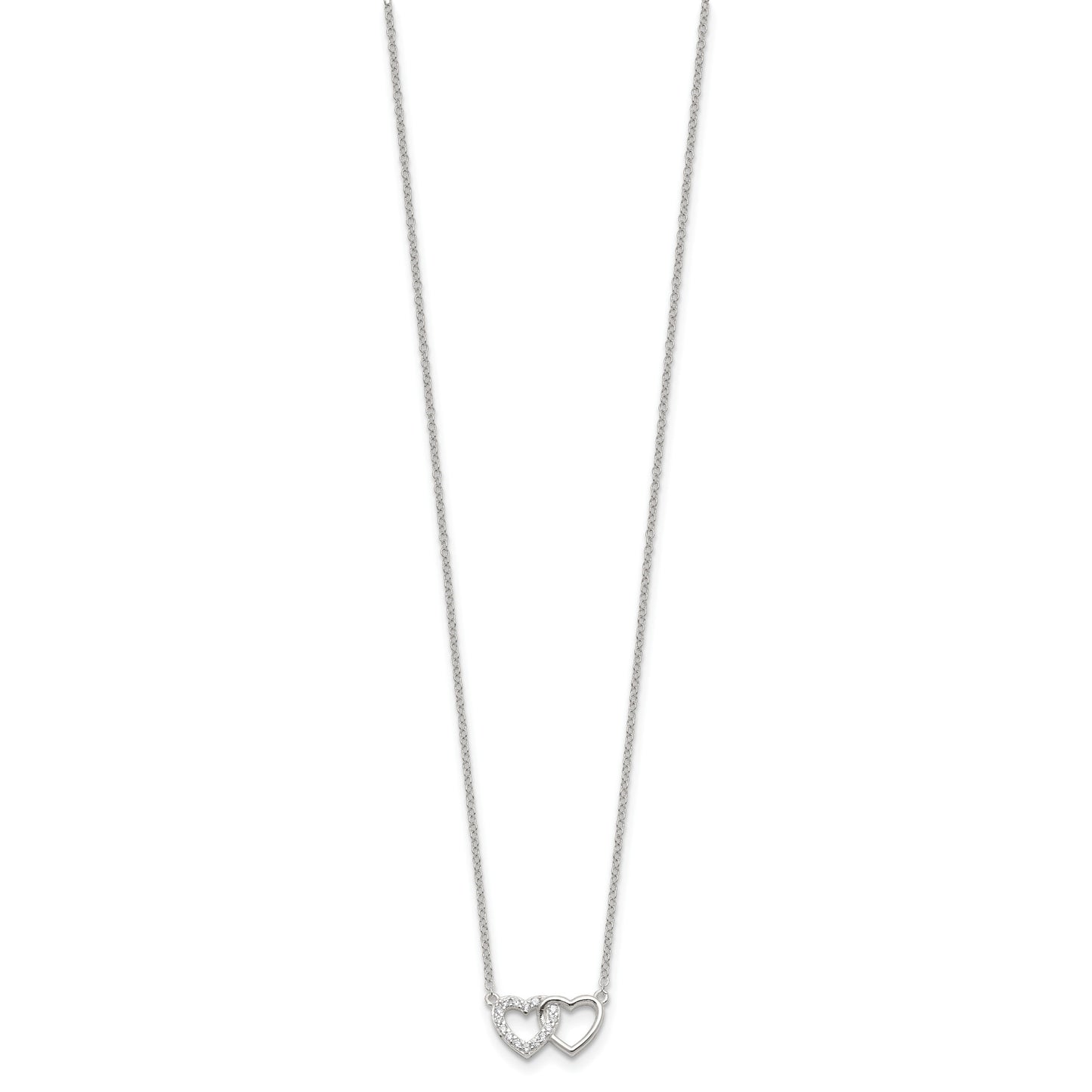 Sterling Silver E-Coating CZ Double Heart 16in w/2in ext Necklace