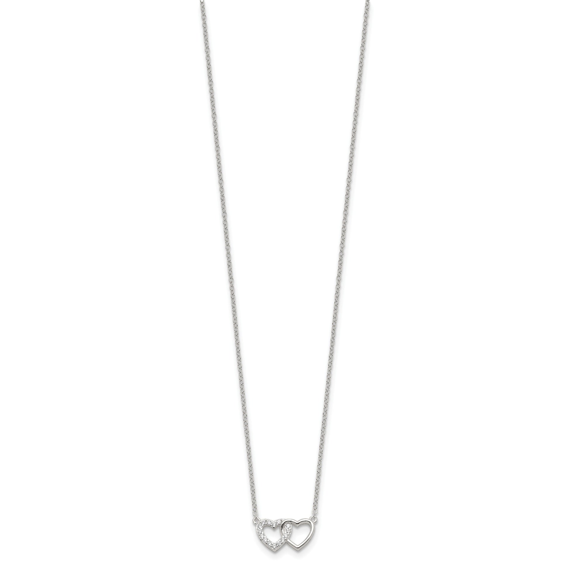 Sterling Silver E-Coating CZ Double Heart 16in w/2in ext Necklace