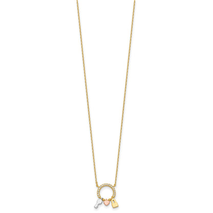 Sterling Silver Rhod-plated Gold/Rose-tone CZ Key/Lock/Heart w/2In Ext Neck