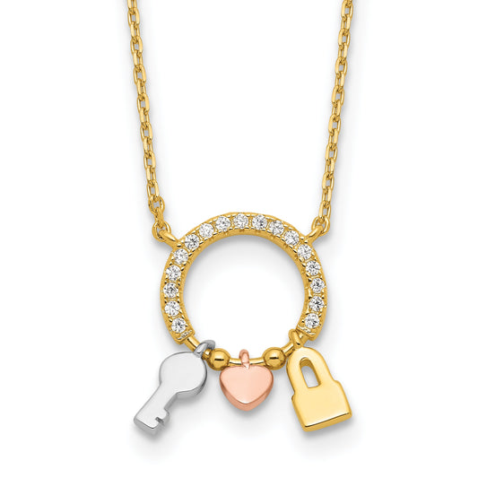Sterling Silver Rhod-plated Gold/Rose-tone CZ Key/Lock/Heart w/2In Ext Neck