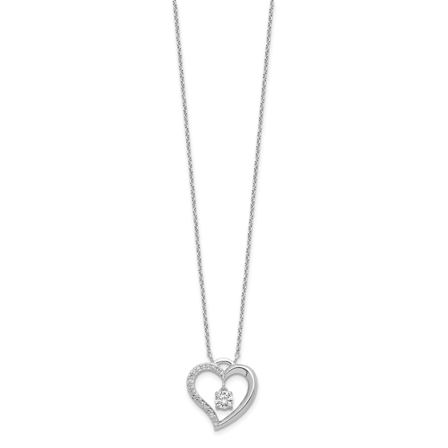 Sterling Silver Rhod-plated Polished CZ Open Heart w/1.25in Ext Necklace