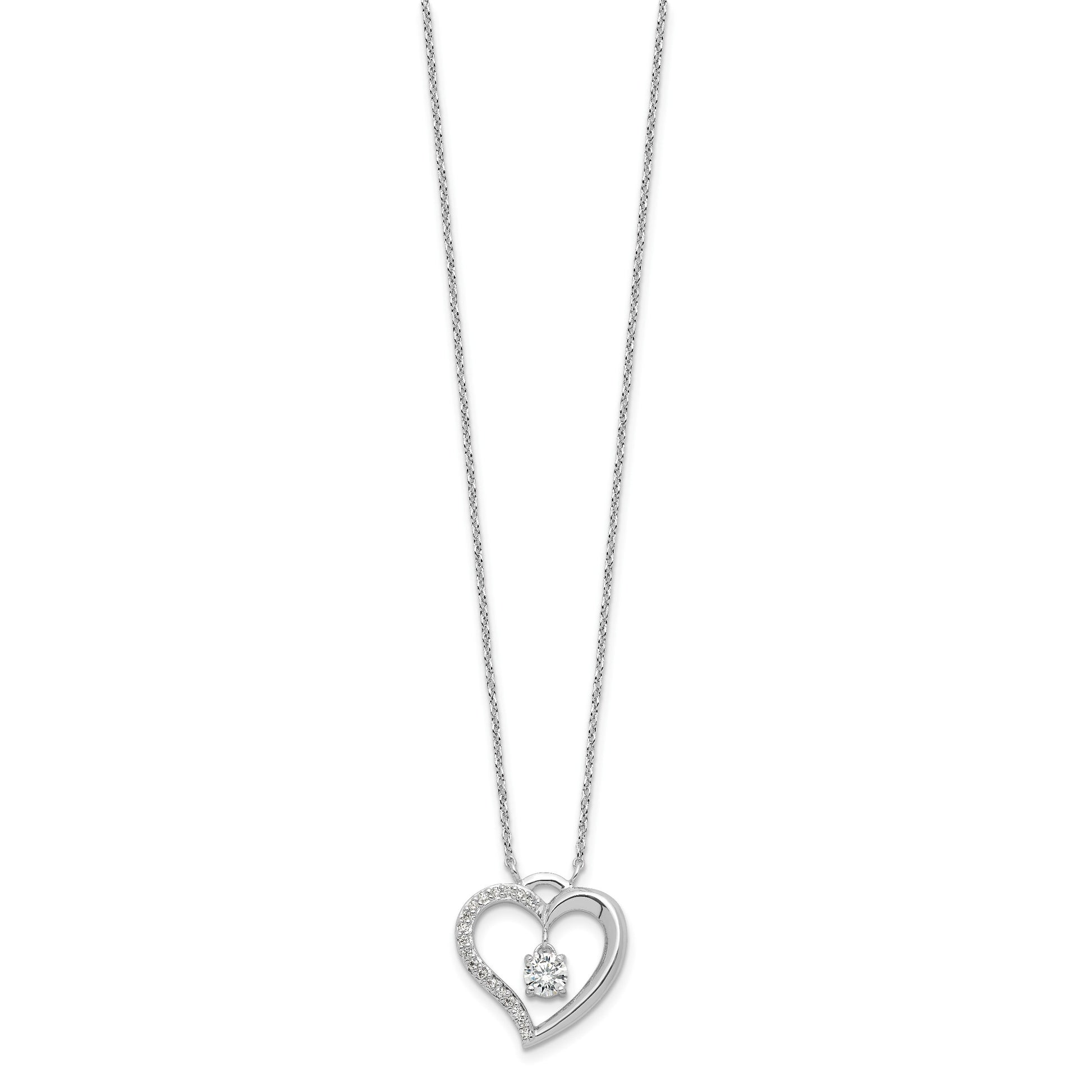 Sterling Silver Rhod-plated Polished CZ Open Heart w/1.25in Ext Necklace