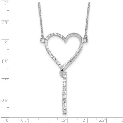 Sterling Silver Rh-plated Polished CZ Dangle Heart w/ 2.25in ext. Necklace