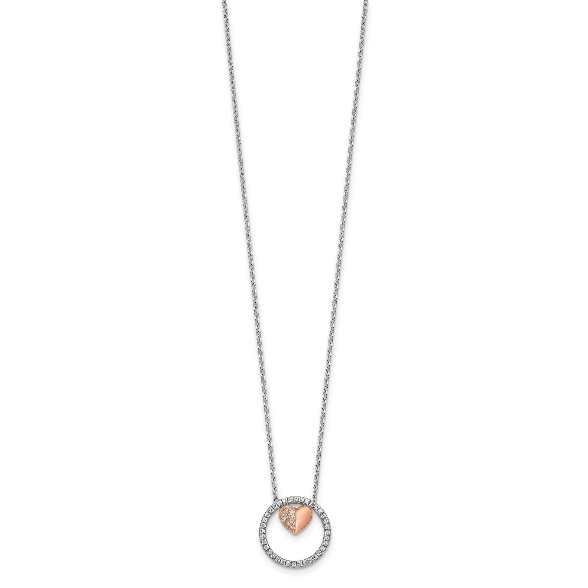 Sterling Silver Rh-plated Rose-tone CZ Heart  w/1in ext Necklace