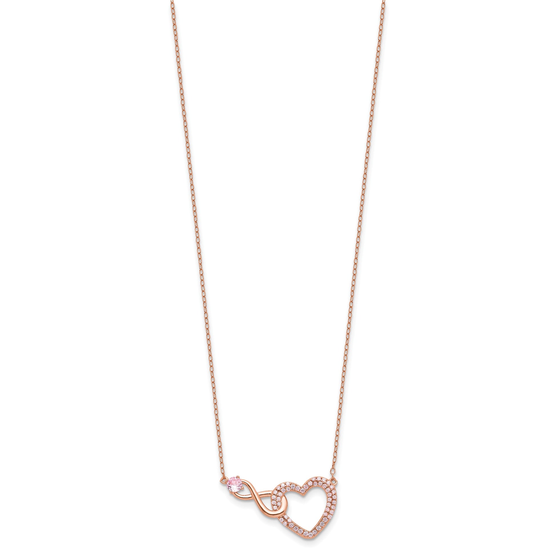 Sterling Silver Rose-plated Pink CZ Heart Infinity w/2IN Ext Necklace