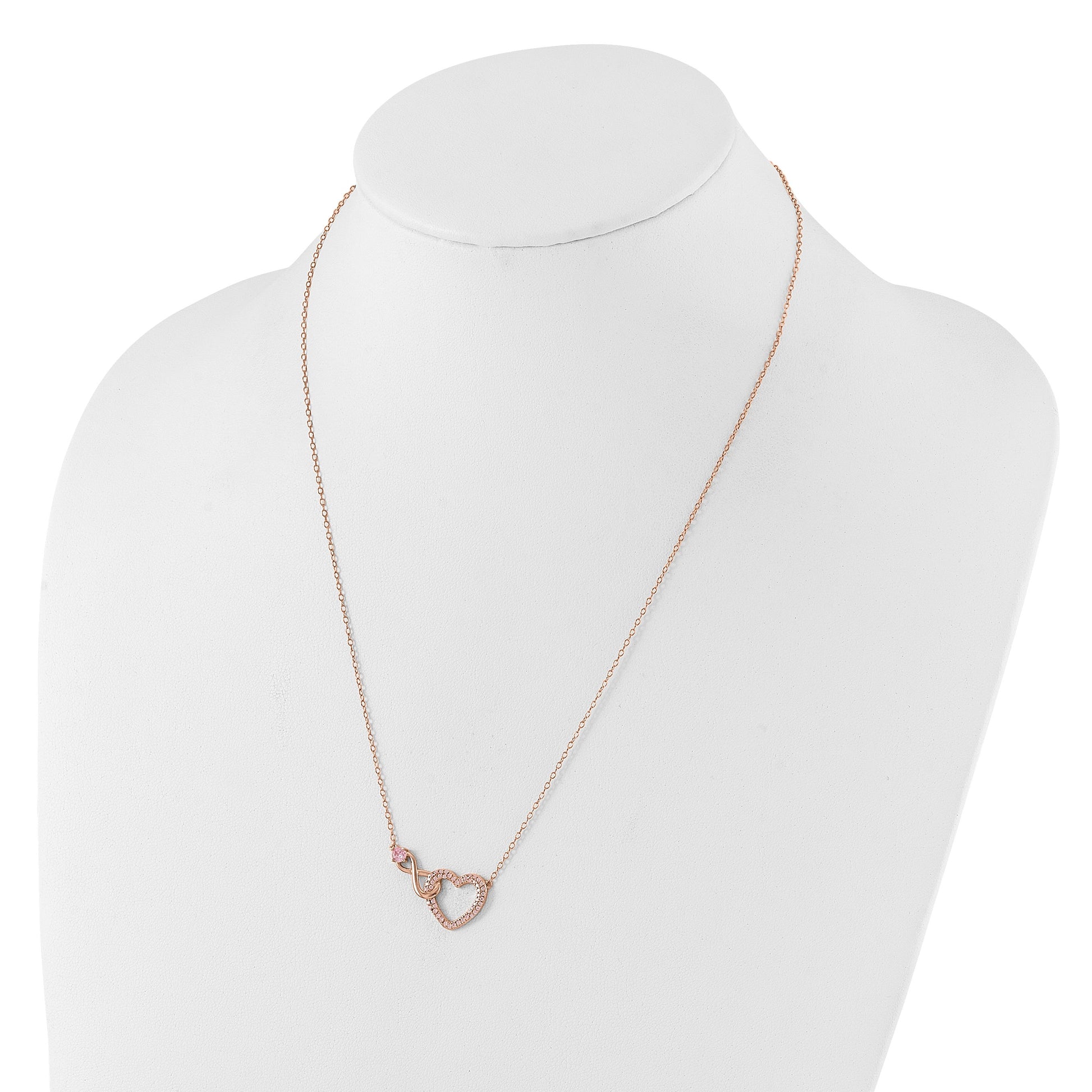 Sterling Silver Rose-plated Pink CZ Heart Infinity w/2IN Ext Necklace