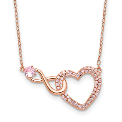 Sterling Silver Rose-plated Pink CZ Heart Infinity w/2IN Ext Necklace