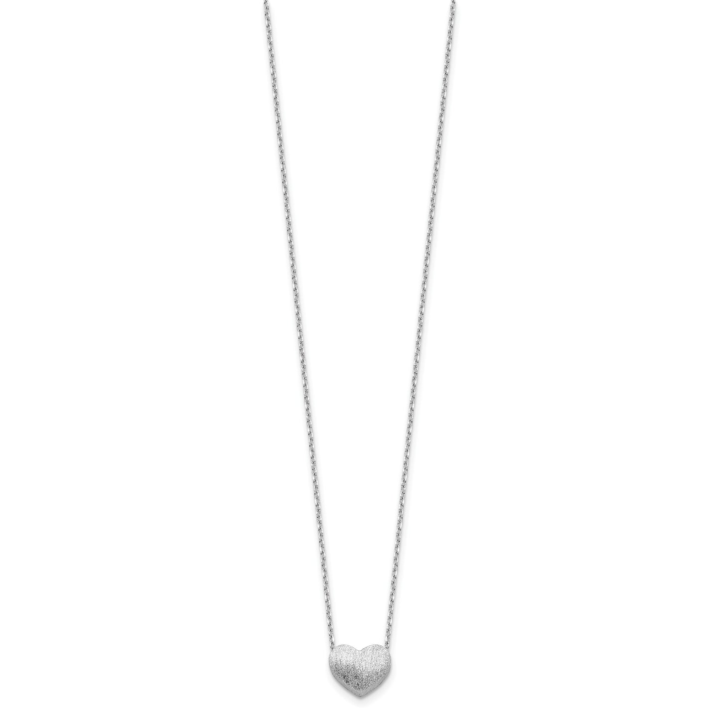 Sterling Silver Rho-plated  Brushed Heart 16.5in w/1in ext Necklace