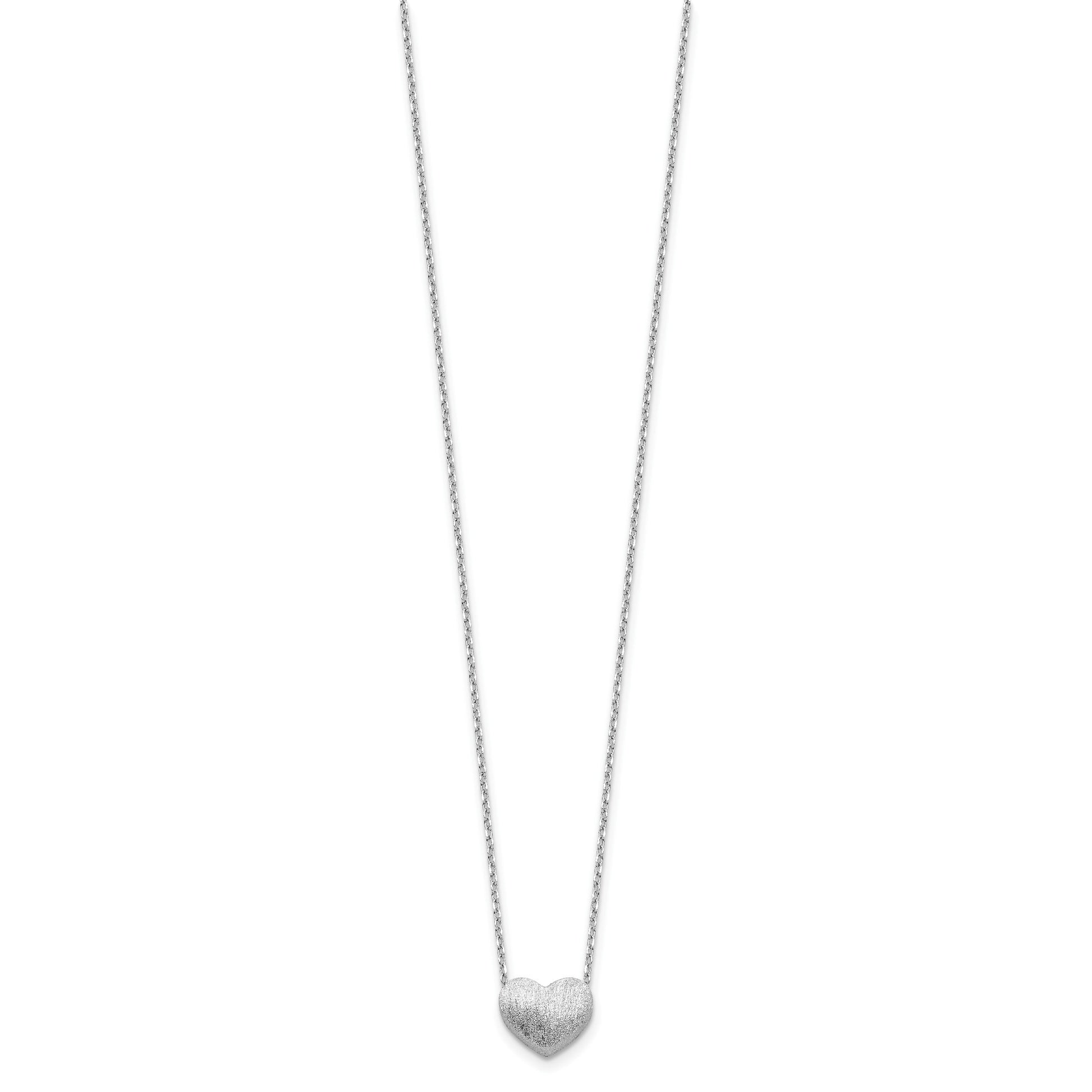 Sterling Silver Rho-plated  Brushed Heart 16.5in w/1in ext Necklace